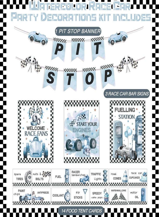 Sonwyoung 19 Pcs Race Car Birthday Party Decorations Boys Two Fast Vintage Birthday Decor 2 Fast Dusty Blue Black Wheel Checkered Supplies for Baby Shower Race Car One Party - Image 2